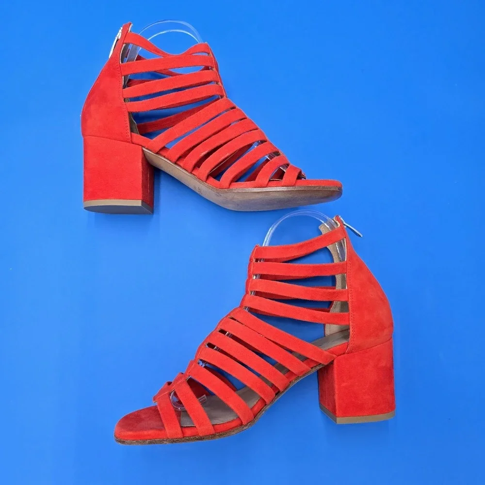 Janet & Janet Orange Suede Gladiator Block Heel Strappy Sandals 37 Made in Italy